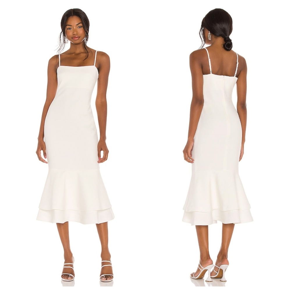 NEW LIKELY x REVOLVE Aurora White Tiered Ruffle Hem Cocktail Midi Dress Size 0